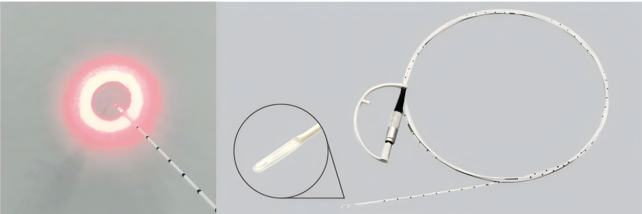 Ring marked radial fiber laser with distance indicators for precise vein ablation and SMA905 interface